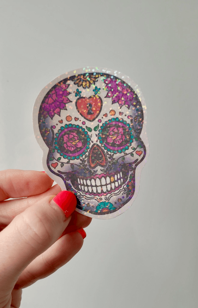 Sparkly Mexican Death Skull Sticker - Sugar Skull Day of the Dead Art