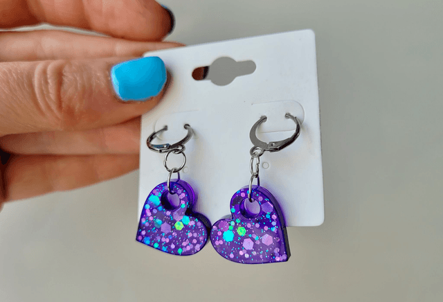 Earrings | Purple Glitter Hearts | Stainless Steel Hoops