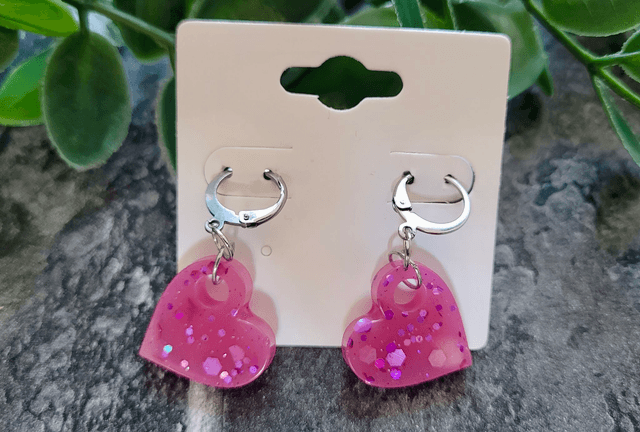 Earrings | Pink Glitter Hearts | Stainless Steel Hoops