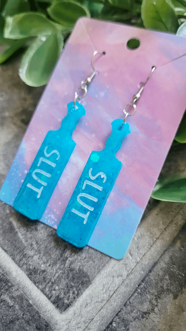 Earrings | SLUT Paddle Earrings Teal Blue Glitter | Stainless Steel Hooks